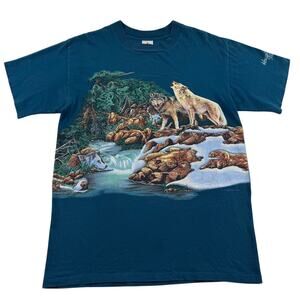 Vintage 90s Wolf Forest Stream Wraparound Michigan Nature Shirt Medium